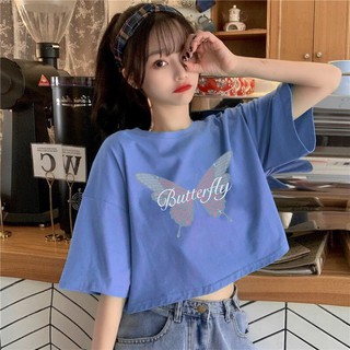 Áo Croptop Nữ Hình Bướm 🎀FREESHIP🎀 Giảm 5k nhập mã [ AO HO VAI ] Áo thun croptop trắng in hình bướm Ulzzang