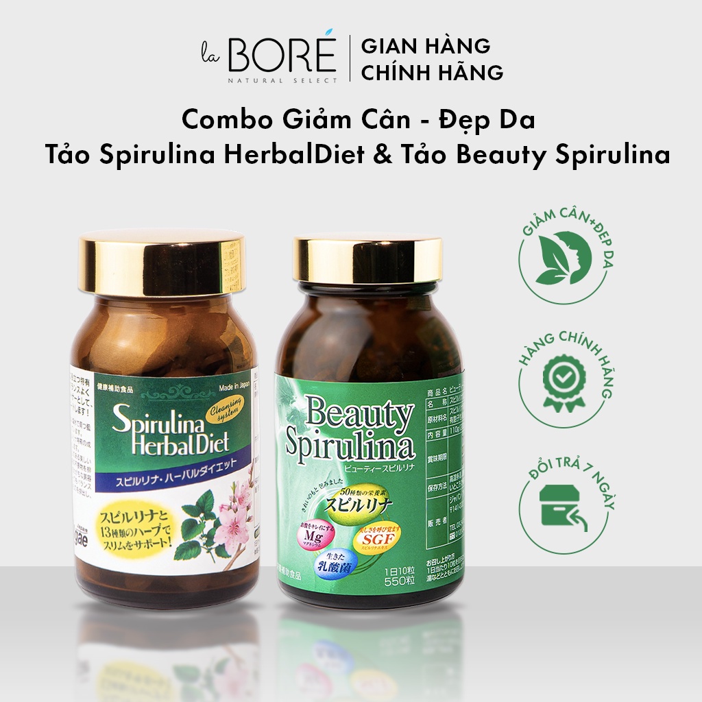 1 Tảo Spirulina Herbal Diet Hộp 300v + Tảo Beauty Spirulina Hộp 550v Thành Phần Từ Thiên Nhiên