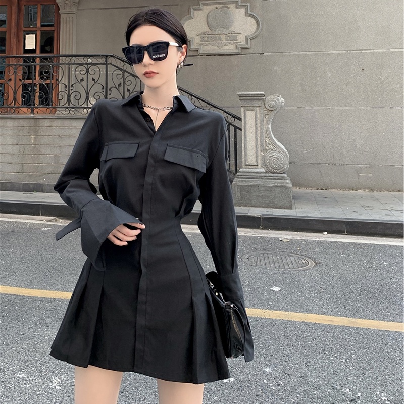(ORDER 7-10 NGÀY) Size lớn thời trang đầu mùa thu mới váy nữ hot girl béo phong cách Hepburn eo mỏng váy sơ mi dài tay
