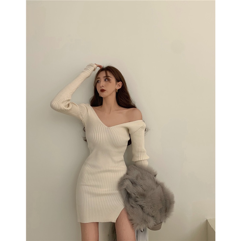 DUNEA Đầm Dệt Kim Tay Dài Cổ Chữ V Thời Trang Trẻ Trung Cho Nữ