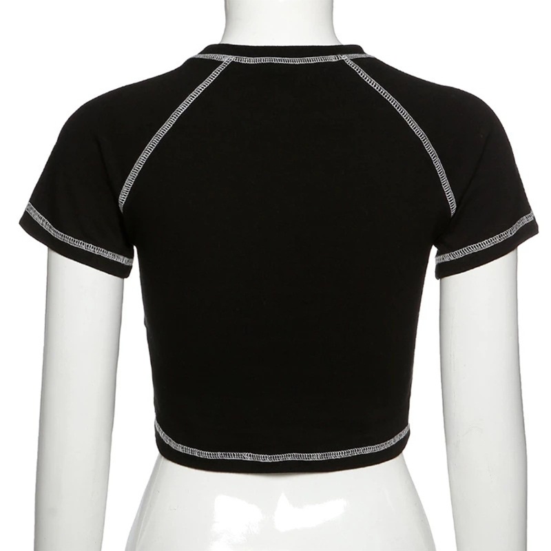 Áo thun croptop tay ngắn cổ tròn họa tiết xương ức phong cách Harajuku cho nữ