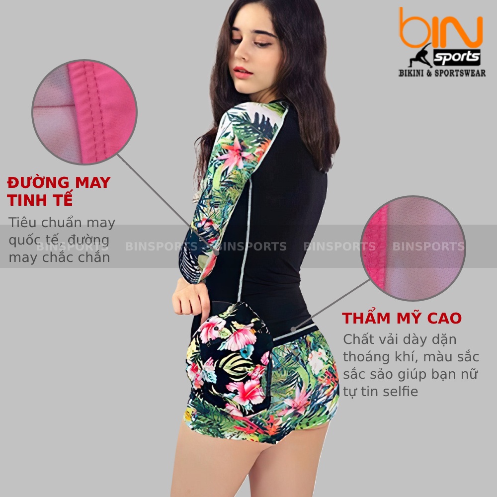 Bikini Nữ 2 Mảnh Quần Đùi Cạp Cao Aó Crop Dài Tay Phủ Bụng Bin Sports BHV089