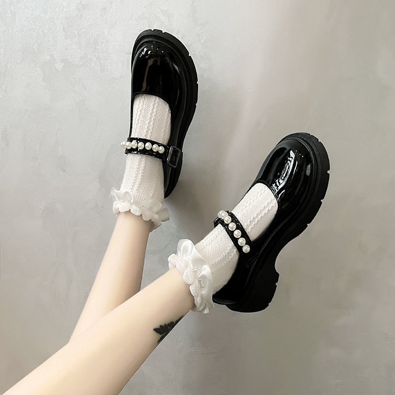 10-14✈Giày búp bê mũi tròn đế dày phong cách Lolita Nhật bản dễ thương cho nữ