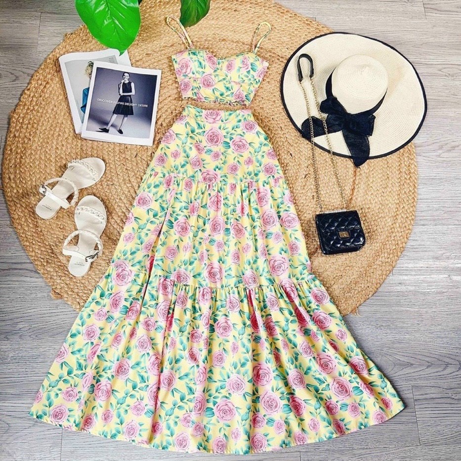 [8.8 Sales Freeship] Set váy maxi hoa đi biển nhiều màu sắc, áo 2 dây hoa có mút + chân váy dài đuôi cá xòe siêu xinh