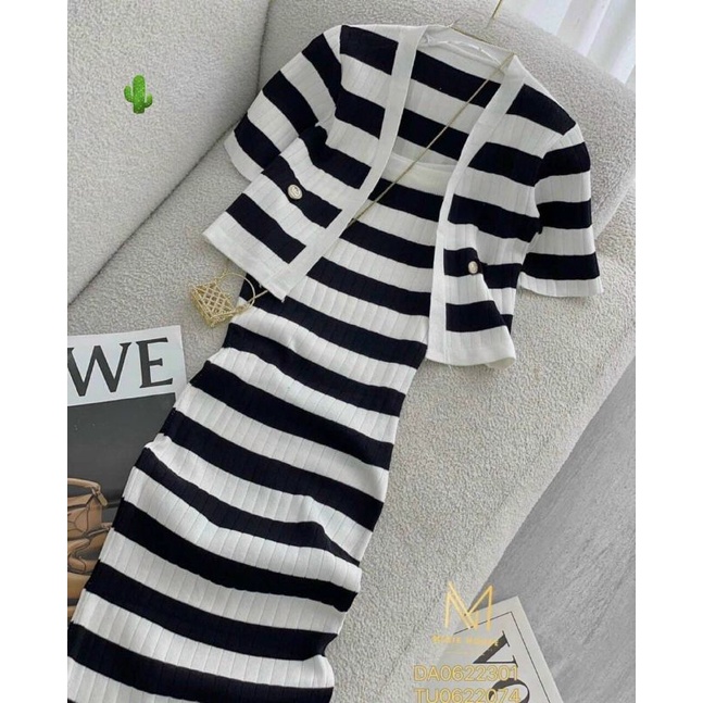 Sét đầm sọc body &amp; áo khoác ngoài croptop sang chảnh (BC)