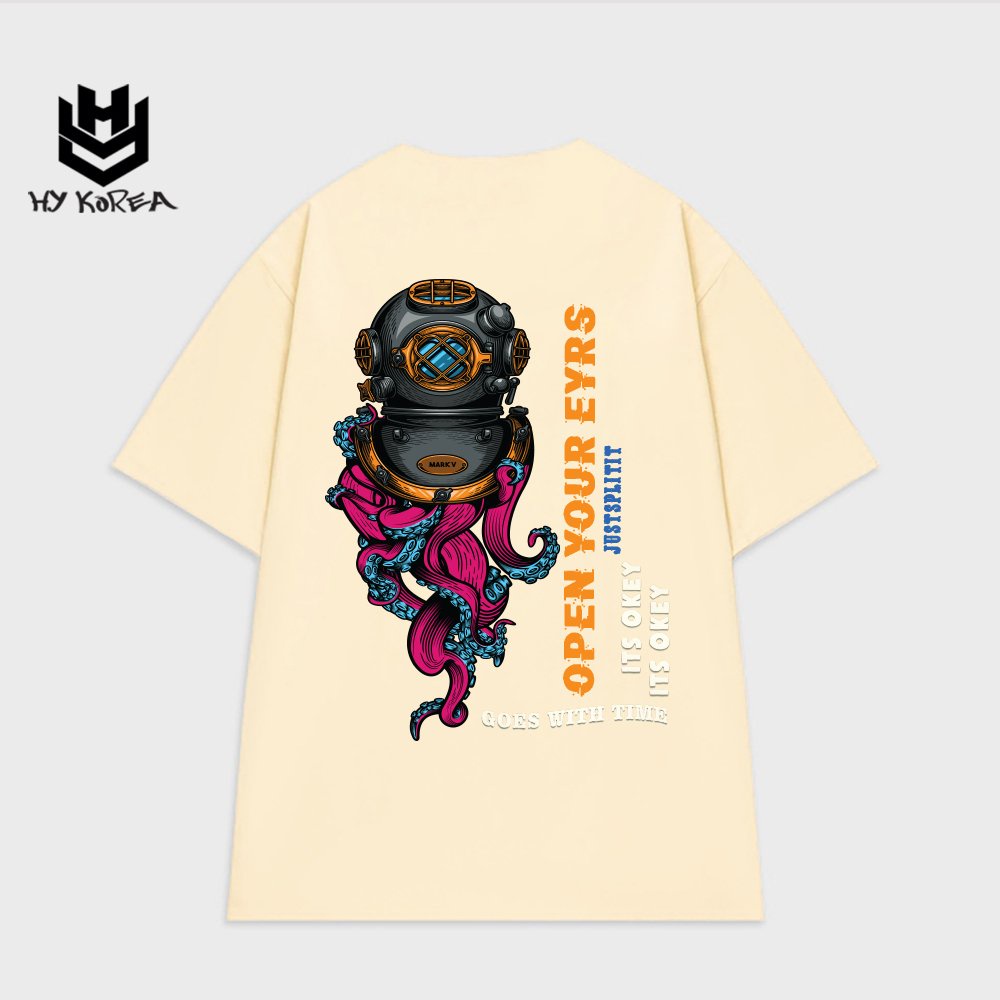Áo thun unisex tay lỡ HY KOREA nam nữ form rộng in hình Mực đội mũ lặn 755
