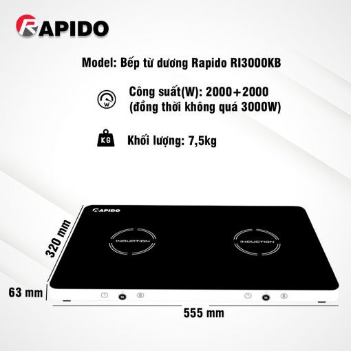 BẾP TỪ ĐÔI DƯƠNG CAO CẤP RAPIDO RI3000KB, BẢO HÀNH 2 NĂM