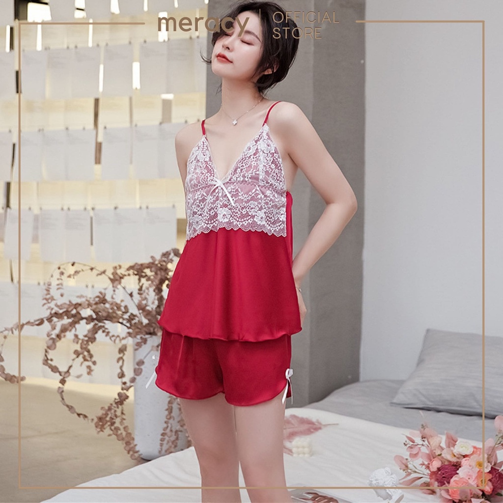 Bộ đồ ngủ 2 dây lụa satin nữ MERACY đồ bộ ngủ hai dây lụa satin phối viền ren sexy M08-BC
