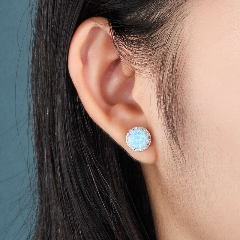 Khuyên Tai Mạ Bạc Đính Đá Opal Xanh