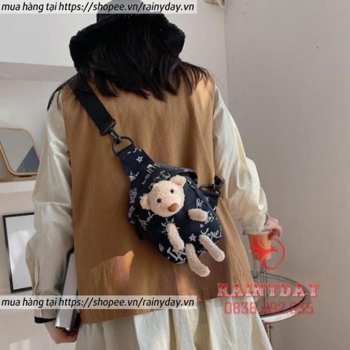 Túi đeo chéo nữ vải cavas hình con gấu bông nhỏ mini cute dễ thương thời trang đi chơi