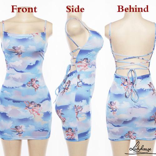 Đầm Ngắn Hai Dây Hở Lưng Eo Cao In Hình Thần Tình Yêu Thời Trang Mùa Hè Cho Nữ