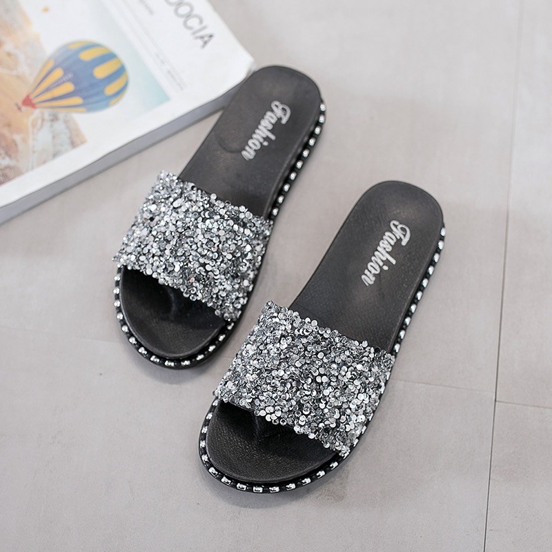 Korean Fashion Women Sequins Sandals Outdoor Beach Shoes House Slippers