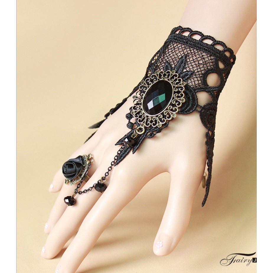 Vòng tay choker nữ ren đen đính nhẫn hoa hồng phong cách quý phái
