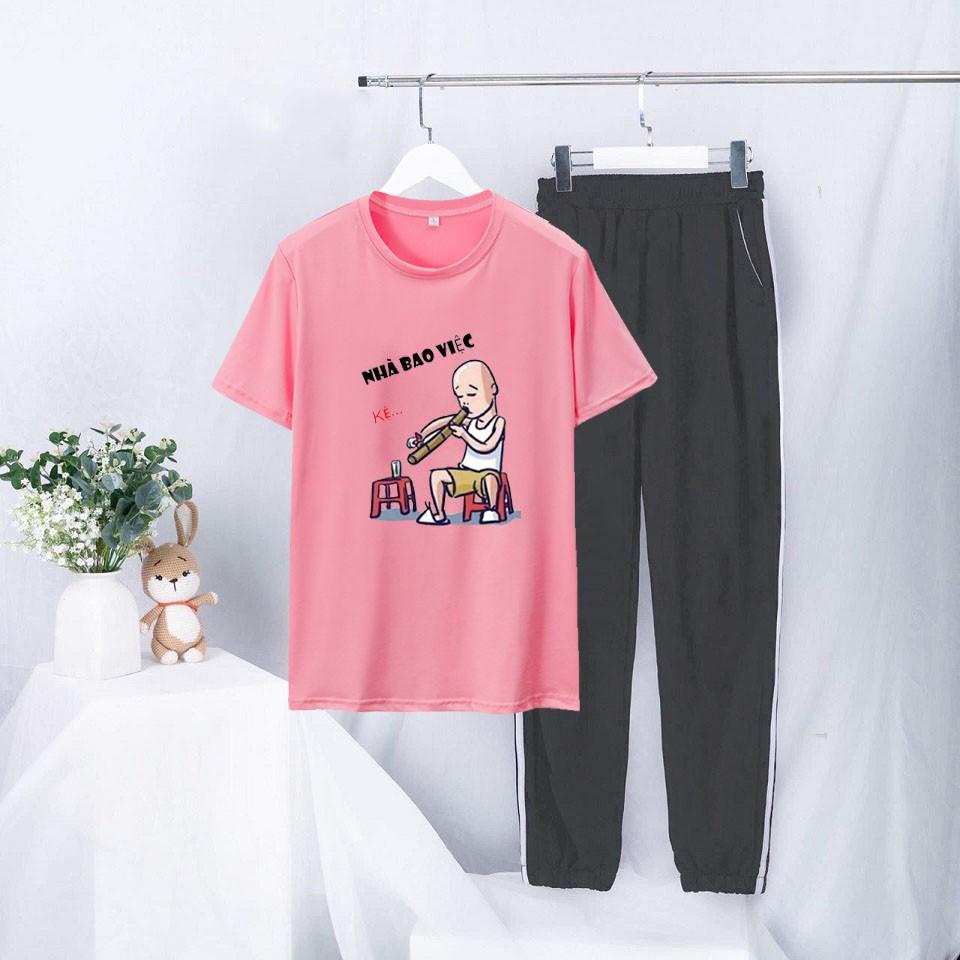 Set Bộ Đồ  Nữ - Áo Cotton Hồng Cánh Sen Mix Quần Dài Sọc Bo Gấu Mặc Đi Chơi Giá Rẻ In 3D Nhà Bap Việ