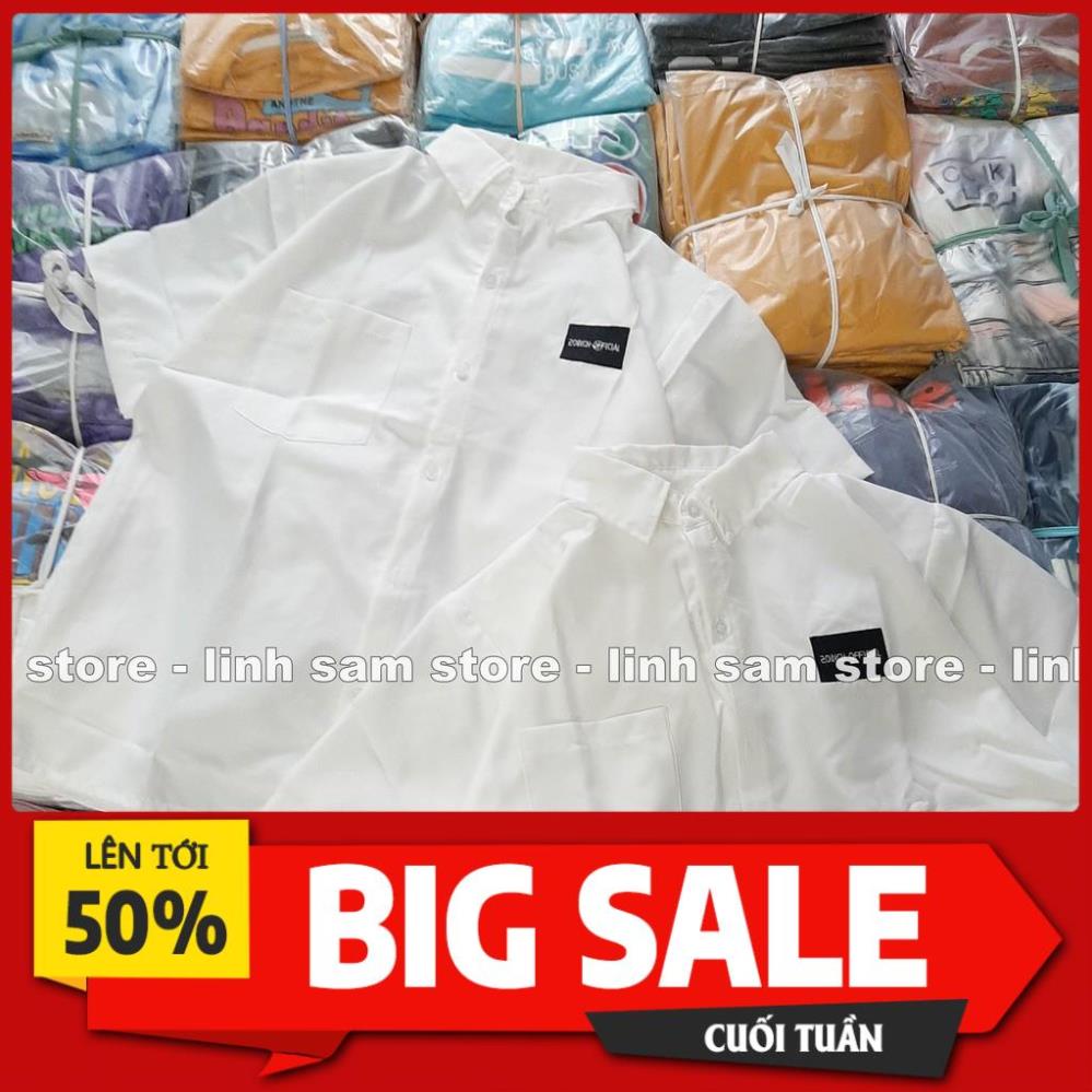 Áo SƠ MI NỮ form rộng cổ bẻ tay lỡ có túi dáng ulzzang freesize unisex thêu LOGO ĐEN 20 INCH màu trắng *