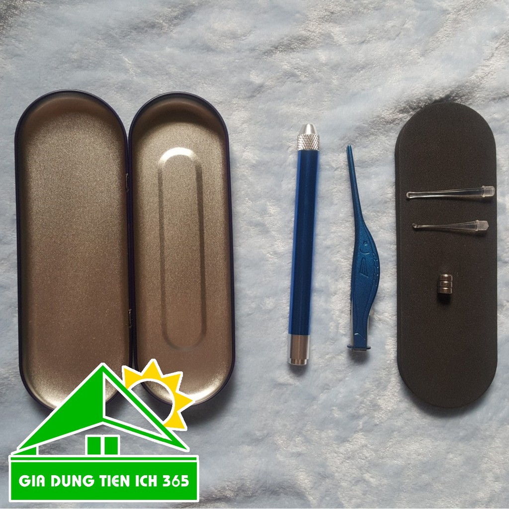 Bộ Dụng Cụ Lấy Ráy Tai Có Đèn Hộp Kim Loại tặng kèm pin tiện dụng