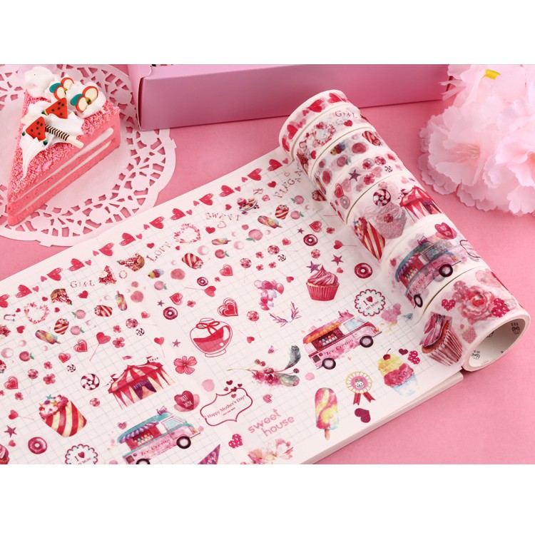 HỘP 16 WASHI TAPE + 8 TẤM STICKER TRANG TRÍ SCRAPBOOK, PLANNER
