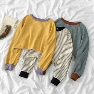 Áo kẻ cổ viền dài tay/ Áo croptop dài tay kẻ