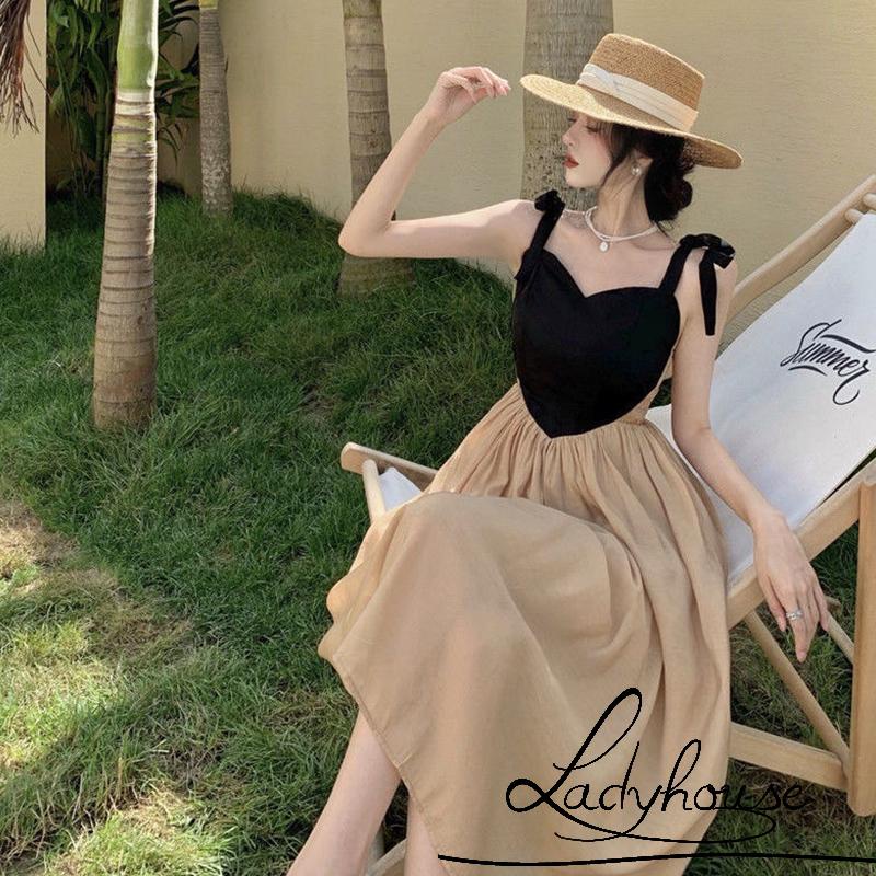 Ldd-đầm Midi Mùa Hè Màu Sắc Tương Phản Có Dây Đeo Vai Cổ Áo Ngọt Ngào Cho Nữ