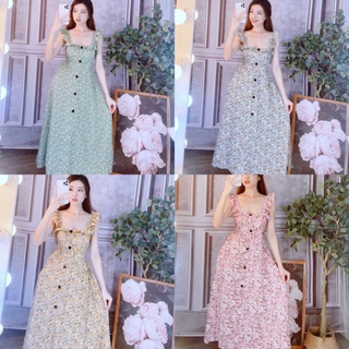 Đầm maxi hoa cánh tiên phối nút có mút-hình thật.