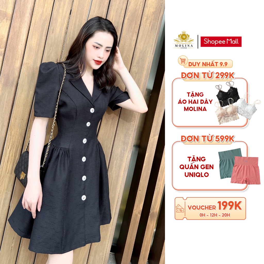 Đầm Dự Tiệc Cổ Vest Molina Dáng Xoè Xếp Ly Đính Khuy Dọc Có Lớp Lót Sang Trọng, Chất Liệu Linen Gỗ Nhẹ Mát