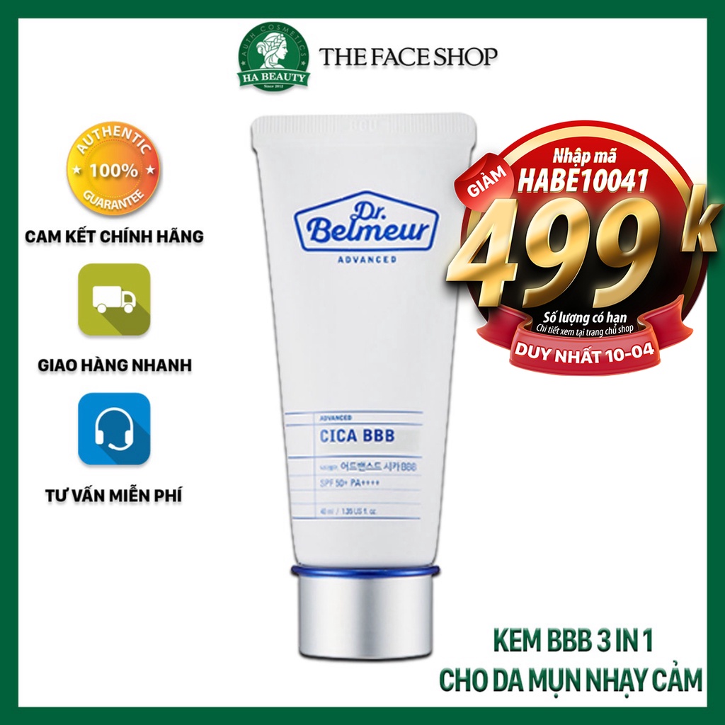 Kem nền che khuyết điểm trang điểm dưỡng da chống nắng The Face Shop Dr Belmeur Advanced Cica BBB 40ml SPF50+PA+++