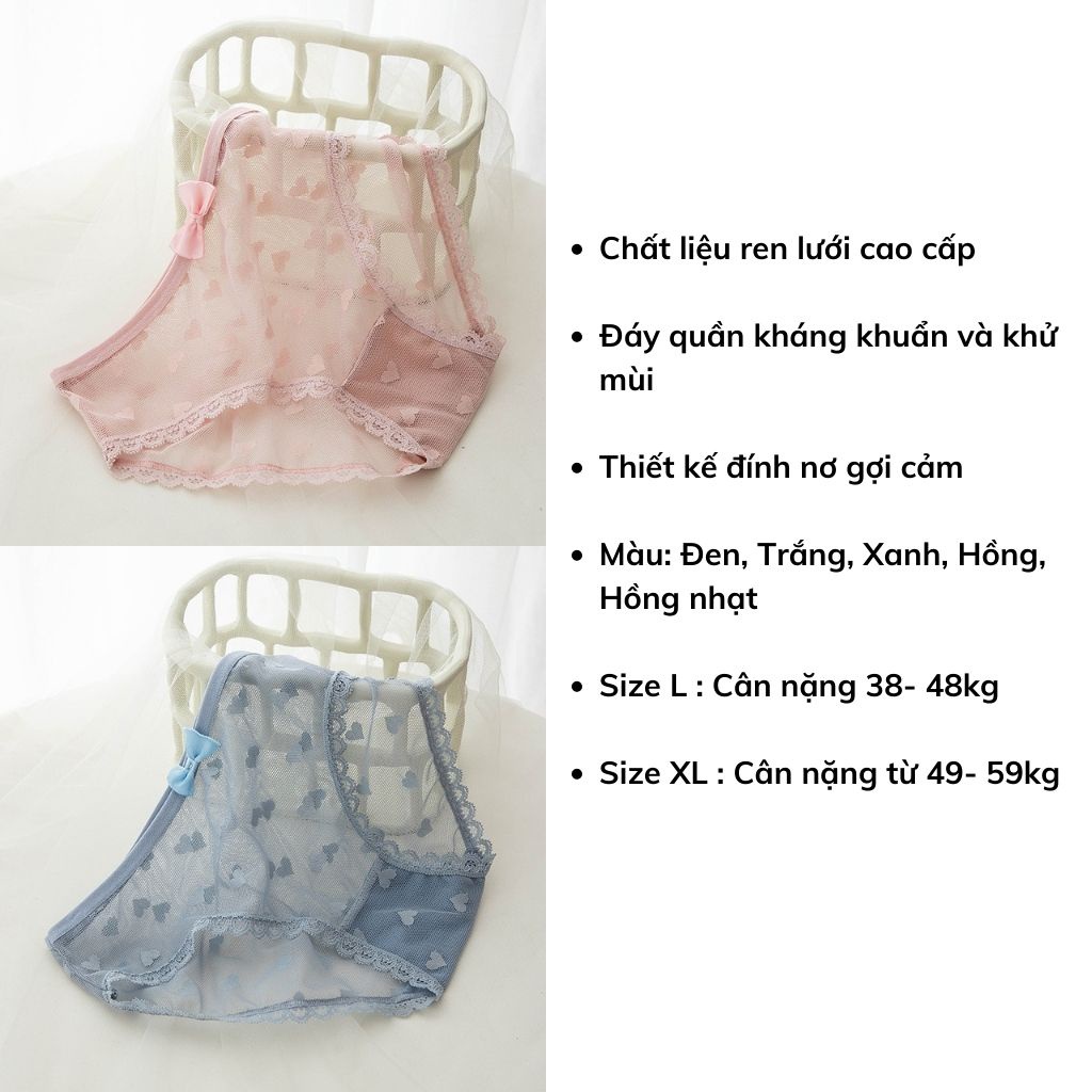 Quần lót nữ ren lưới cao cấp siêu mỏng sexy gợi cảm họa tiết trái tim đính nơ quyến rũ DOPICO L256