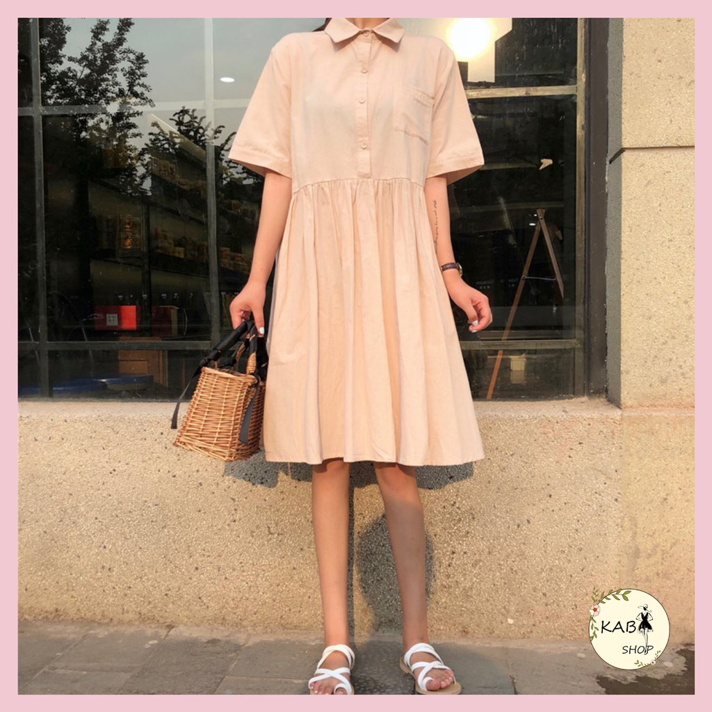 Váy babydoll sơ mi cổ bẻ ullzang chất liệu đũi thô hai màu Hồng, Trắng