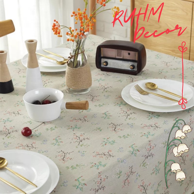 Khăn trải bàn vintage trang trí vải bố linen đẹp - họa tiết Cành lá hoa nhí - KB-G03