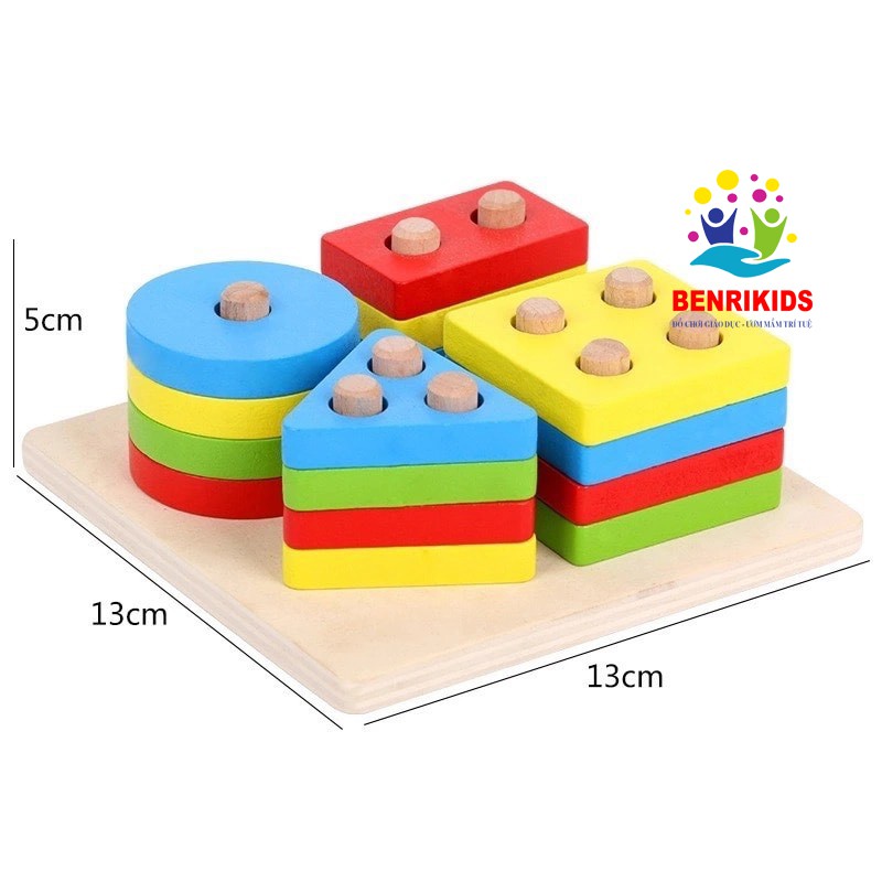 Bộ xếp hình montessori thả khối 4 cọc trụ bằng gỗ