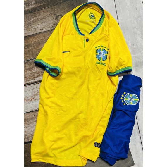 Set bộ quần áo thể thao bóng đá nam nữ vải gai mịn brazil áo  vàng quần xanh 2022 2023