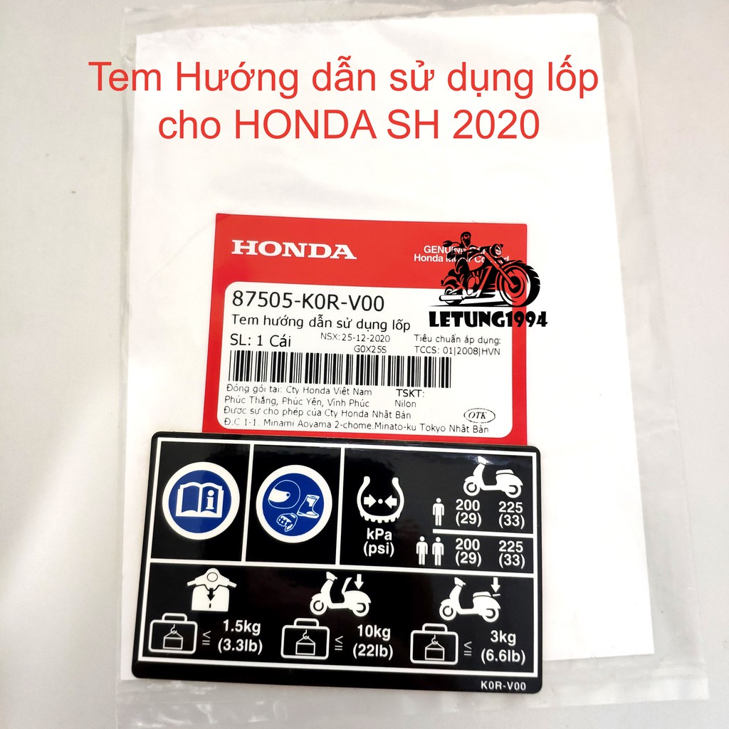 Tem thông số lốp Honda SH, Airblade AB, Vario Chính hãng