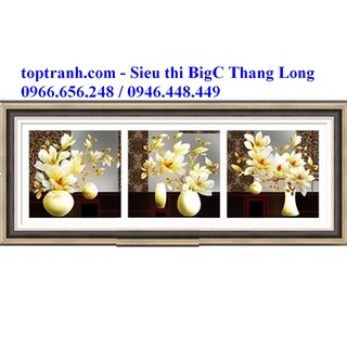 Tranh thêu chữ thập hoa ngọc lan trắng 3 bức treo cầu thang A1157  chưa thêu
