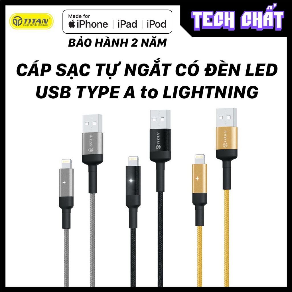 cáp sạc tự động ngắt bọc dù cho IPusb a to có đèn led titan cực chất tech chat