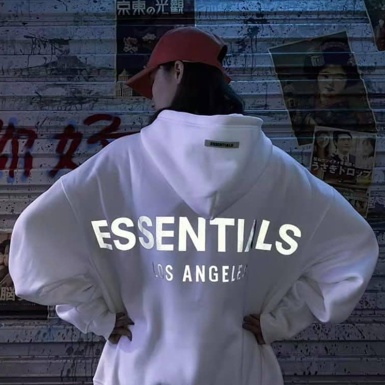 Áo khoác nỉ mũ chùm nam nữ 2 dòng chữ chữ to nhỏ ESSENTIALS Los Angeles PHẢN QUANG
