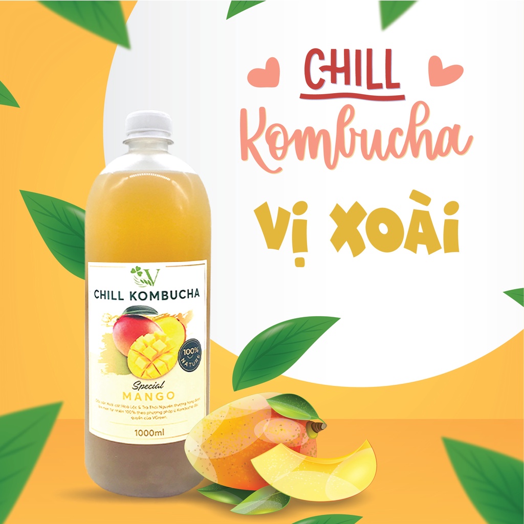 Trà Bất Tử Chill Kombucha XOÀI 1L -  Trà hoa quả lên men con giống scoby - Foodland