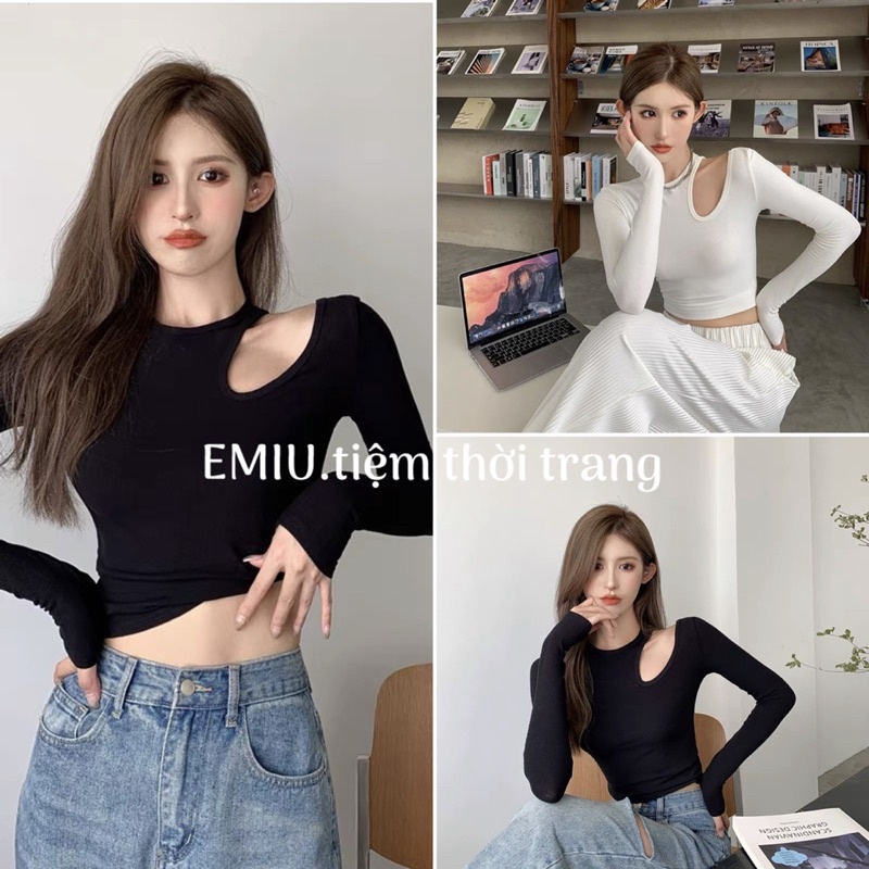 Áo Croptop Cut Vai Lệch EMIU 🌺 Thun dài tay dáng ôm body đẹp, phông kiểu cá tính bánh bèo 🌺