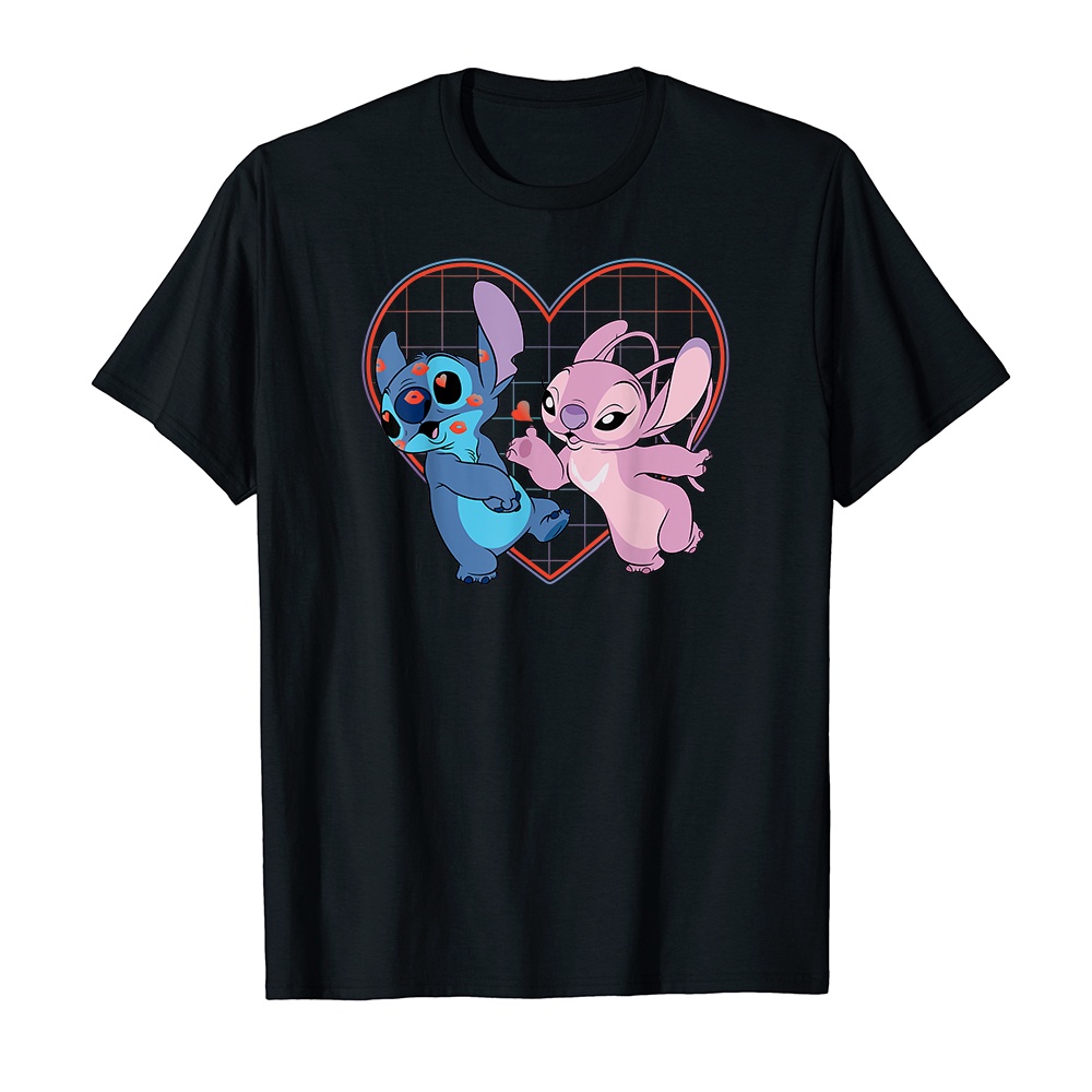 Áo thun cotton unisex HTFashion in hình Disney Lilo and Stitch Angel Heart Kisses