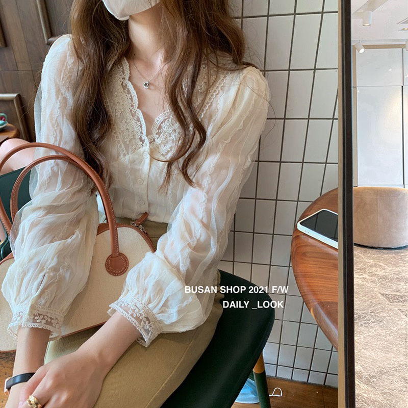 Áo sơ mi dài tay cổ chữ v phối ren thời trang mùa thu thanh lịch