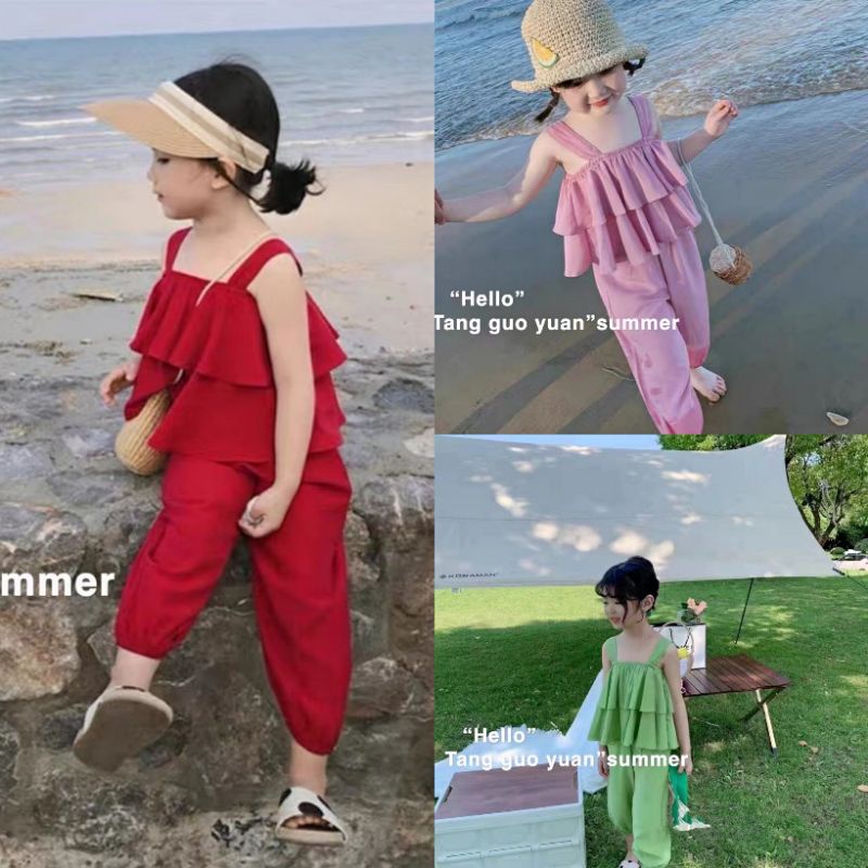 Bộ Đồ Bé Gái, Set Áo 2 Dây Tầng Phối Quần Bom, Chất Đũi Đẹp Mềm Mịn Mát, Nhẹ Nhàng Xinh Xắn Cho Bé Gái_Umeekids