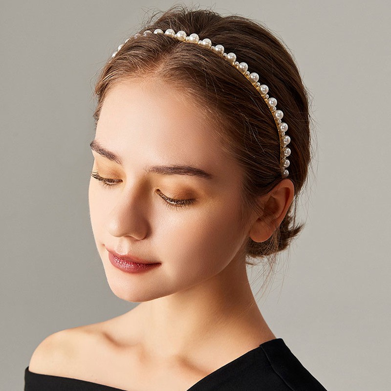 Băng đô mỏng chống trượt đính ngọc trai phong cách Hàn Quốc