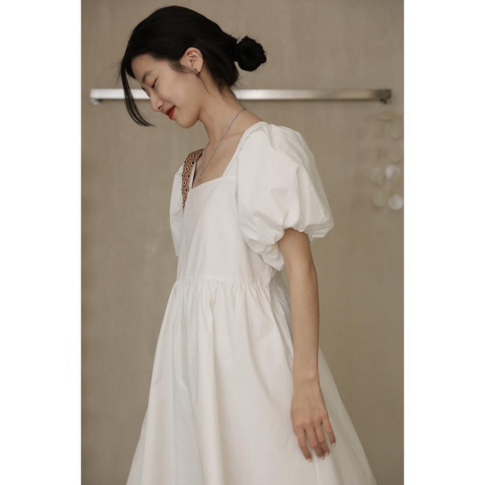 Đầm tay phồng ngắn cổ vuông dáng rộng thời trang kiểu Pháp thanh lịch cho dịp hè