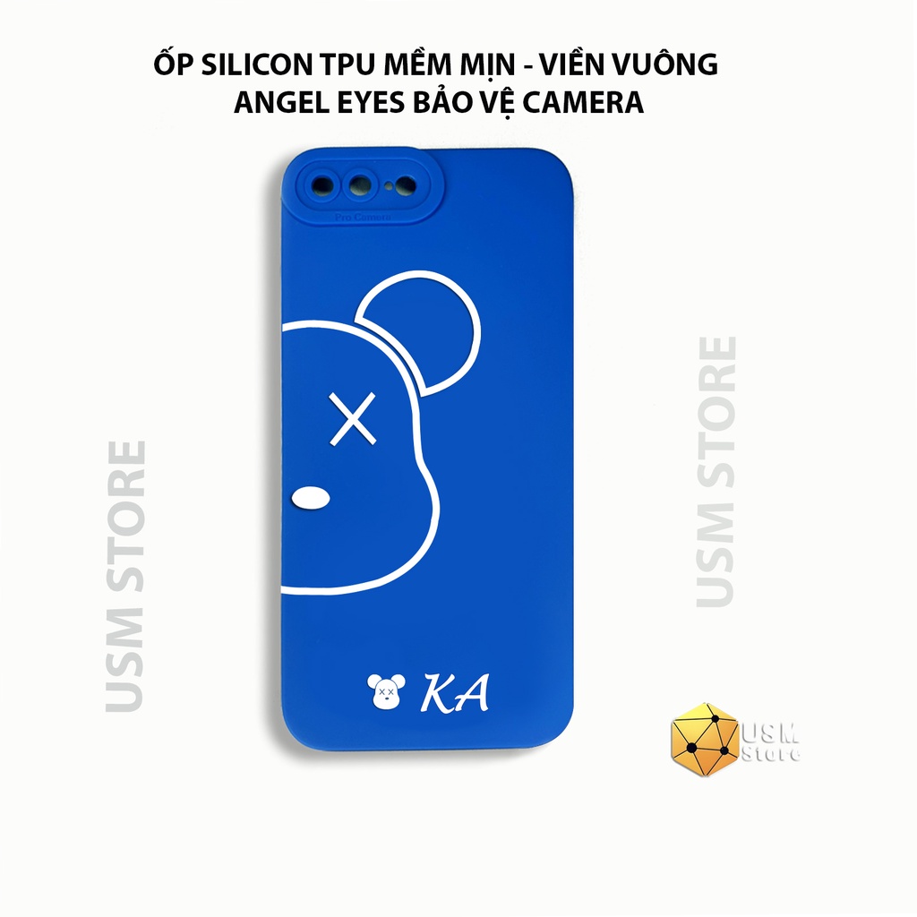 Ốp lưng iphone 7 plus/8plus viền vuông, mắt thiên thần bảo vệ camera, in hình Bear Kaws