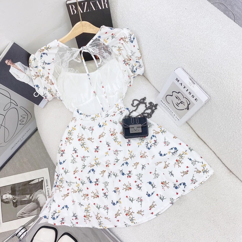 Đầm hoa nhíu ngực viền ren cut out lưng