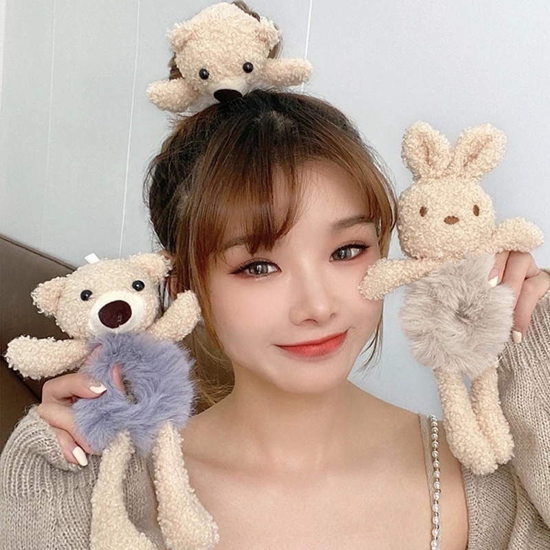 Dây Buộc Tóc Đính Nơ Hình Gấu Bông Mềm Mại Co Giãn Dành Cho Nữ