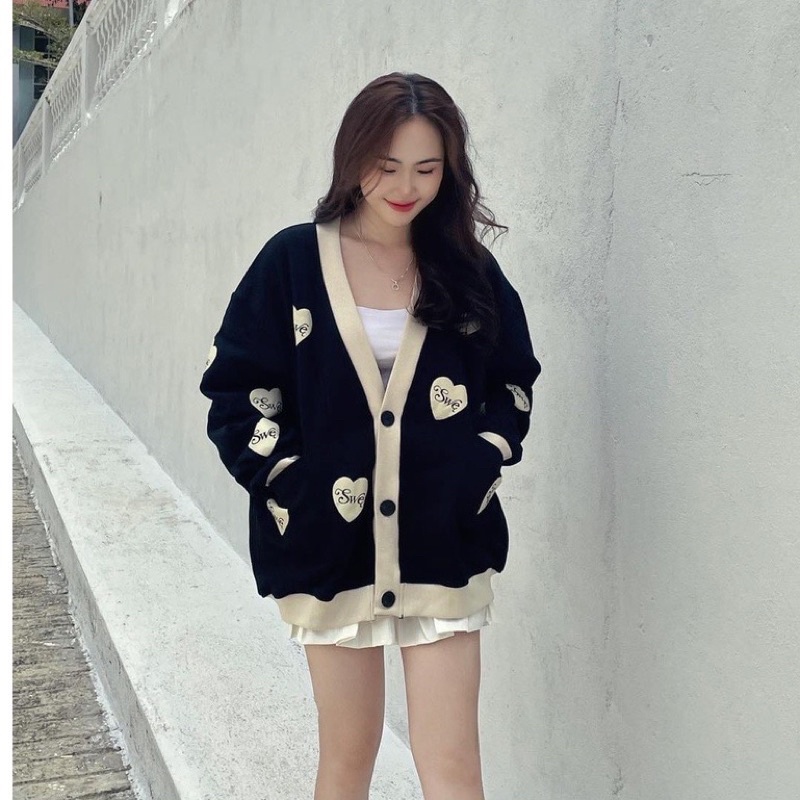 Áo khoác SWE cardigan love cao cấp logo swe Hàn Quốc chất cotton nỉ tay dài