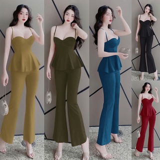 Set đồ nữ sang chảnh cá tính nguyên bộ áo cúp ngực 2 dây quần dài ống loe dây kéo trước TJ1159