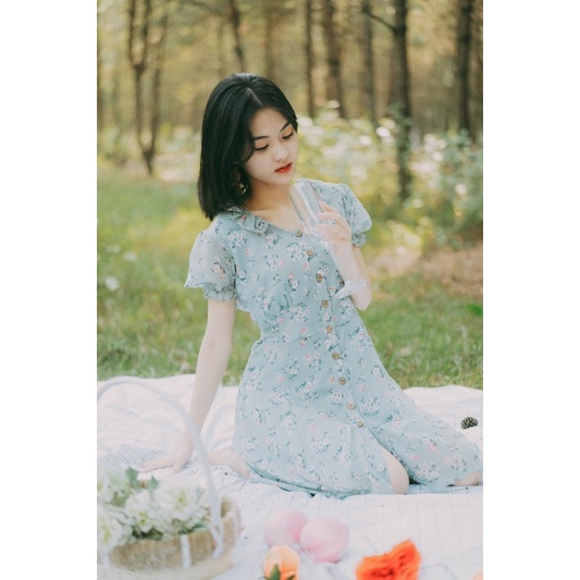 Đầm ngắn nữ Laundry Dress cổ bèo tay ngắn phồng họa tiết – Là Hoa