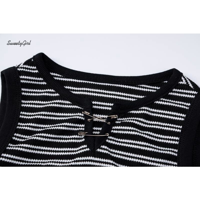 Áo Tank Top Cổ Chữ V Ôm Dáng Họa Tiết Kẻ Sọc Màu Tương Phản Thời Trang 2022 Cho Nữ