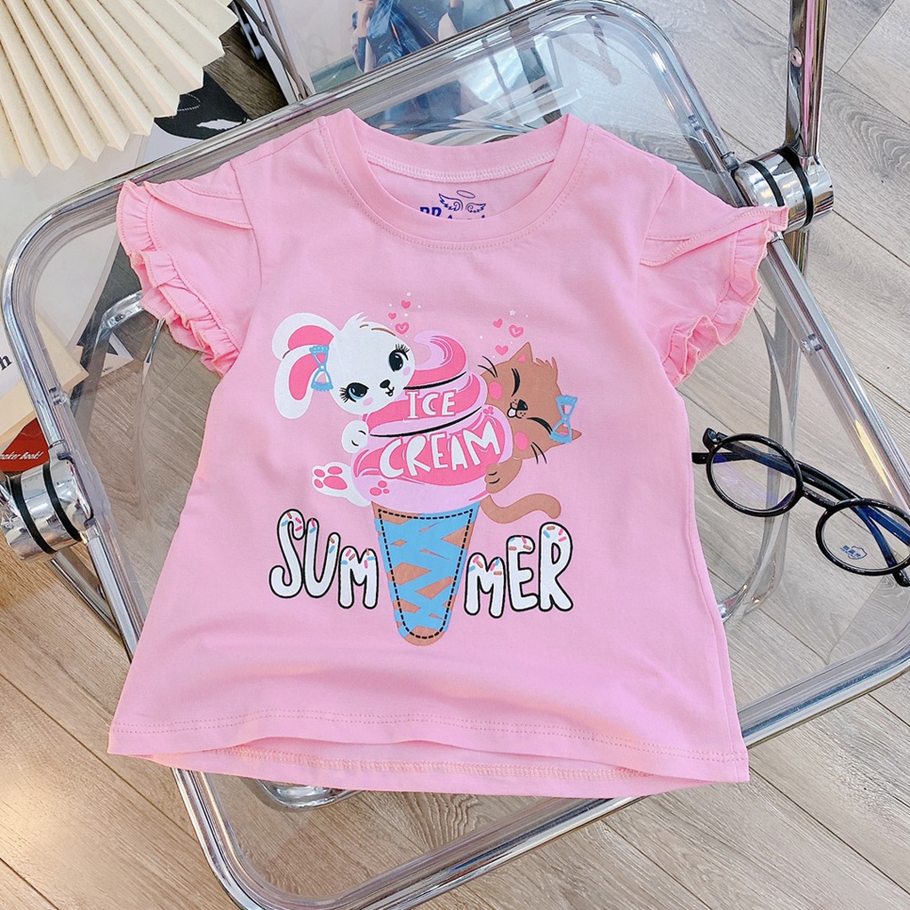 Áo thun cotton tay cánh tiên in hình ngựa và thỏ mát mẻ dễ thương cho bé gái